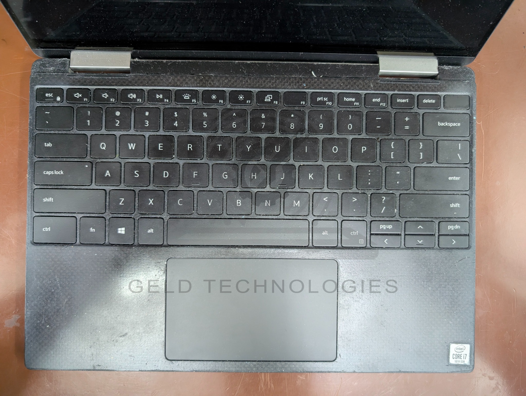 Dell XPS 13 7390 2-in-1 original keyboard and sticky palmrest before panel replacement